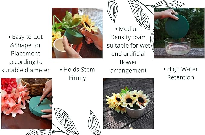Pack of 6 FLOFARE Round Floral Foam Blocks for Fresh and Artificial Flowers, Each (4.5" X 1.5"), Dry & Wet Green Flower Foam for Flower Arrangements & Flo