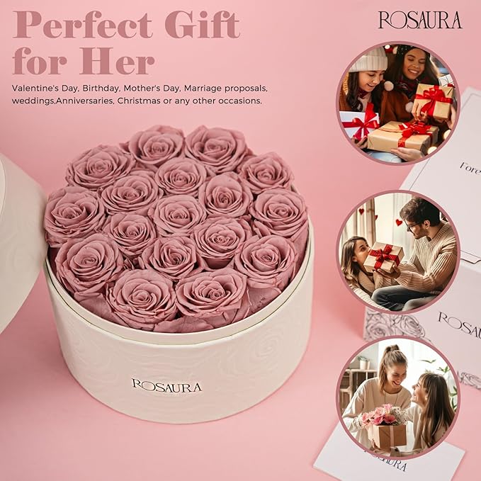 Rosaura Round Preserved Roses Gift Box - Real Forever Flowers for Birthday, Valentine's & Mother's Day (Cappuccino, 17 Roses)