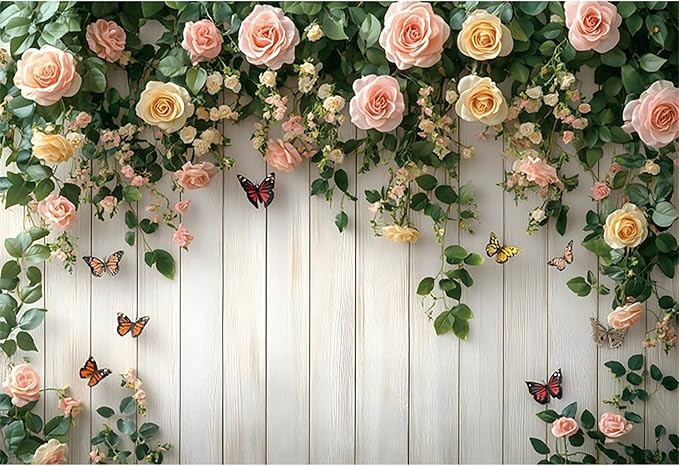 Baocicco 9x6ft Wooden Flower Backdrops for Photography Spring Botanical Green Leaves Butterfly Farmhouse Background for Engagement Bridal Shower Baby Shower Birthday Wedding Party Decoration Supplies