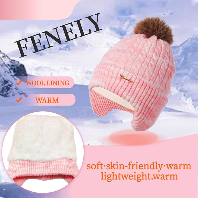 FENELY Women's Knitted Warm Beanie Winter Hat, Warm Chunky Snow Hat with Pompom