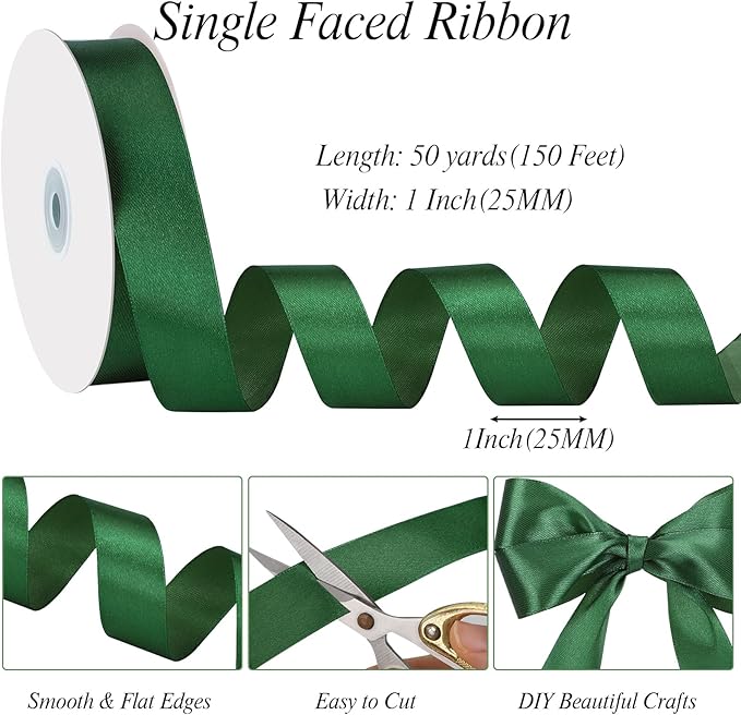 Dark Green Ribbon 1 Inch Christmas Ribbon Emerald Green Satin Ribbons 50 Yards for Gift Wrapping Bows Crafts Wreath Christmas Tree Xmas Decorations