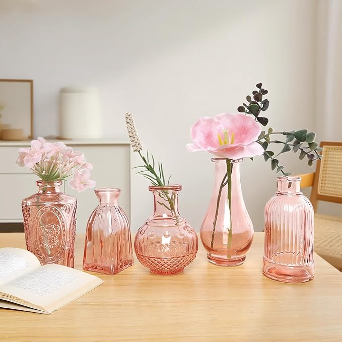 Pink Bud Vases in Bulk 12, Vintage Small Vases for Flowers, Clear Mini Glass Vase for Centerpieces, Decorative Embossed Flower Vase for Wedding Table Decoration, Baby Shower, Birthday Party