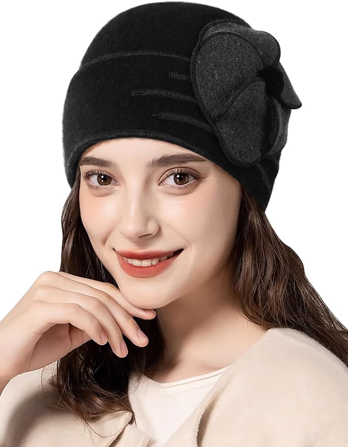 Sumolux Beanie Hats for Women Wool Skull Cap Beret Floral Cuffed French Vintage Dress Cloche Classic Winter 1920s