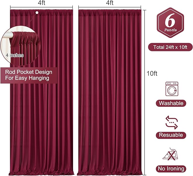 Burgundy Backdrop Curtains 6 Panels - Wrinkle-Free Polyester Photography Drapes for Baby Shower & Birthday Party - 24 X 10FT