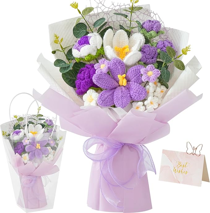 Cilimnas Crochet Flower Bouquet,Purple Knitted Flowers, Handmade Tulips Roses Bouquet for Birthday Party Mother's Day Graduation Gifts