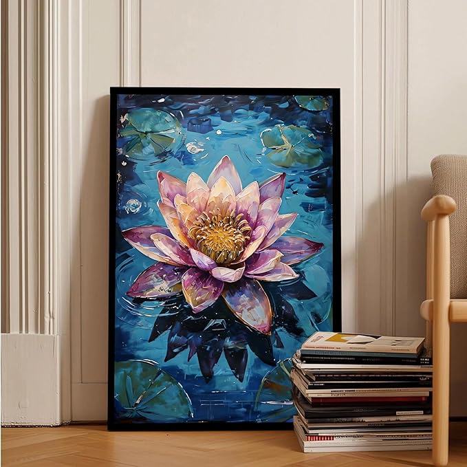 Gorgeous pink and purple water lilies on deep blue water Eye-catching oil painting Serene aquatic wall art for modern home decor 8x12in Metal blackFramed