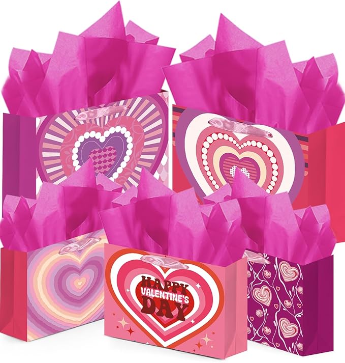 qiqee Valentine 5PCS Wide Gift Bag with Tissue Paper Assorted Size Present Wrap Bags For Lover (3 PCS Medium Size+2 PCS Large Size)