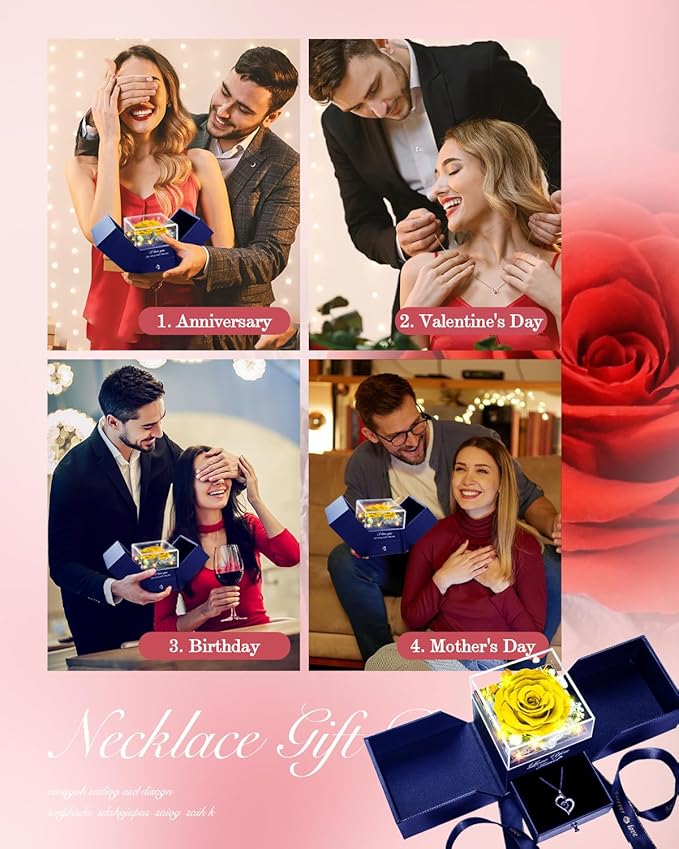 Birthday Gifts for Women, Preserved Real Roses with Heart Necklace I Love You in 100 Languages, Romantic Anniversary Wedding Gifts for Women Her Girlfriend Wife, Forever Roses Necklace Gift Box Yellow