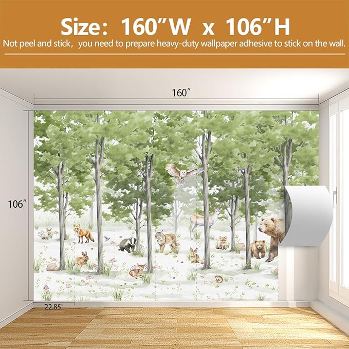 Kids Wallpaper Green Forest Animal Wall Mural for Children's Room Nursery Bedroom（Not Peel and Stick）
