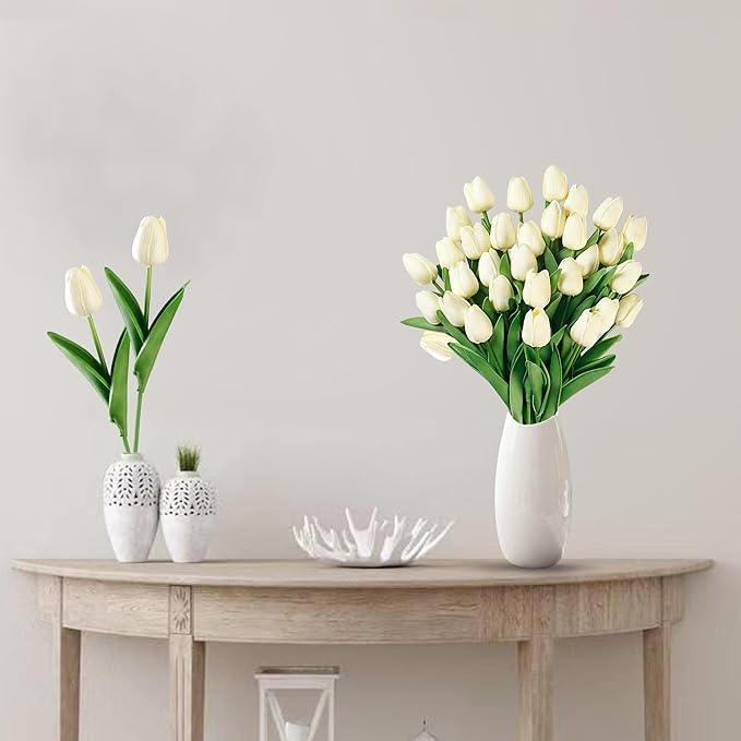 Sggvecsy 30 Pcs Fake Tulips Artificial Flowers Real Touch PU Faux Flowers Tulip Stems for Wedding Spring Bouquet Floral Arrangement Home Party Office Decorations for Mother's Day (Milk White)