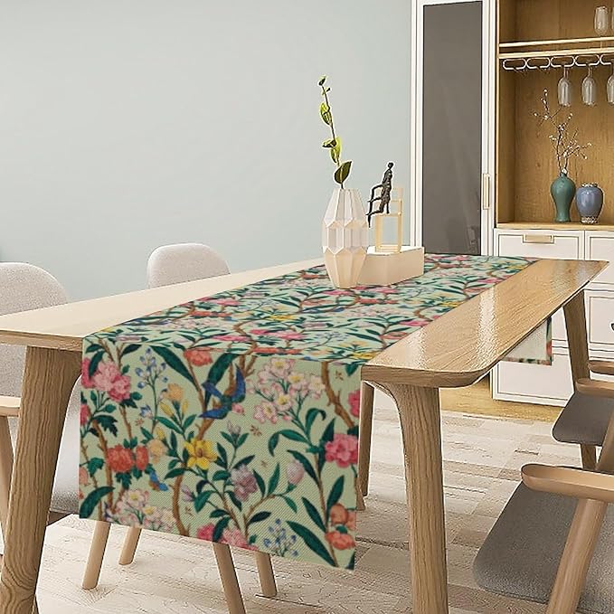 William Morris Floral Table Runner, Birds Butterflies and Bees Botanical Flower Original Design Print Table Runner for Home Party Dining Room Kitchen Decor 13x108 Inch
