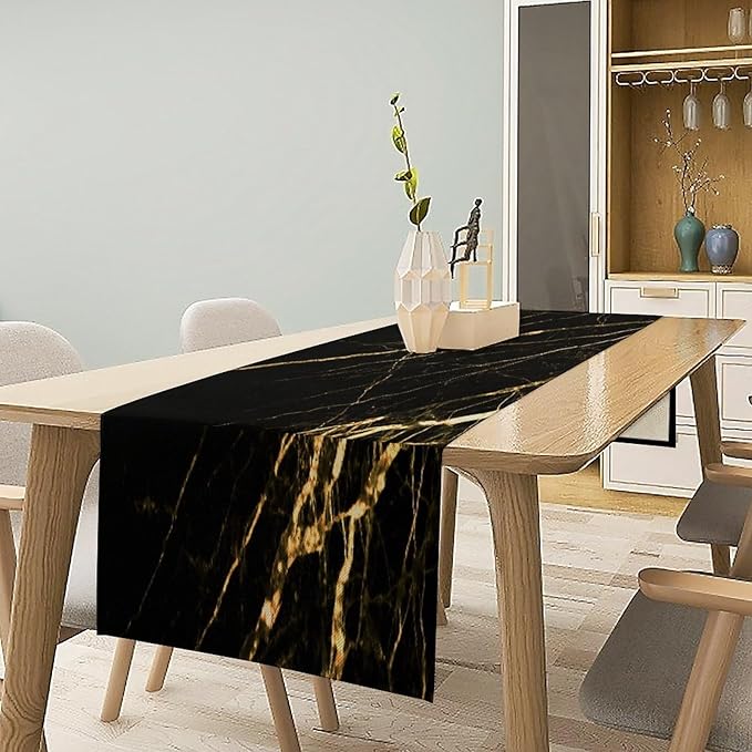 Black Grey Marble Table Runner Abstract Gold Black Grey Marble Pattern Seasonal Dinner Runner Table Decoration for Farmhouse Home Kitchen Dining Holiday Party 13x36in