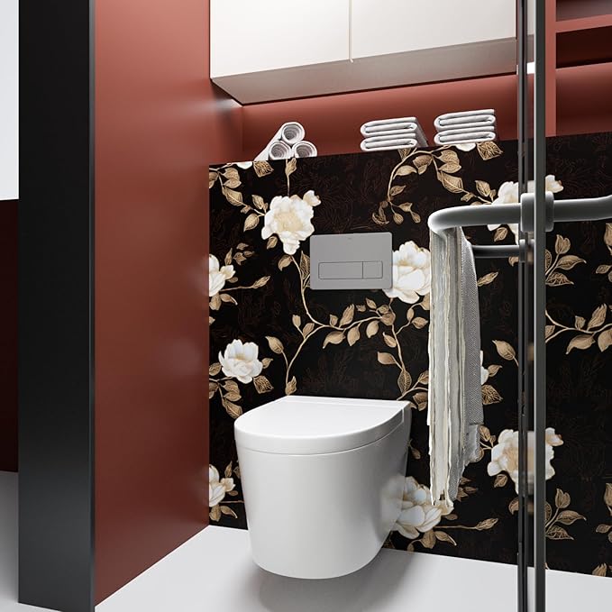 Black Golden Floral Peel and Stick Wallpaper Flowers Contact Paper 17.5"x118" Self Adhesive Waterproof Vintage Dark Floral Wall Paper for Shelf Liner Cabinet Decor