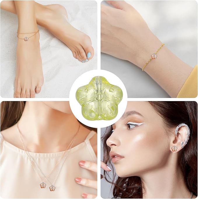 PATIKIL Random Glass Flower Beads, 50Pack Transparent Floral Beads Hibiscus Beads for DIY Jewelry Making Bracelets Bulk, Light Green