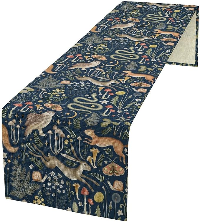 Fairy Forest Table Runner, Rustic Retro Woodland Wildlife Owl Squirrel Flowers Mushroom Seasonal Holiday Kitchen Dining Coffee Table Decoration For Home Indoor Outdoor Party Wedding, 13x70inch