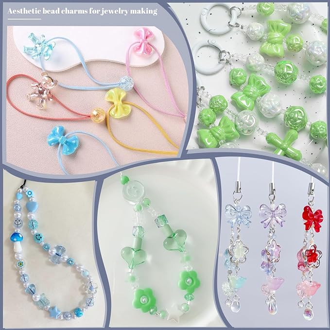 Assorted 200-260PCS Green Acrylic Beads for Bracelet Making, Flower Bow Candy GummyBear Bracelet Charms,Cute Beads for Jewelry Making DIY Necklace Keychain Phone Charm Christmas Gift