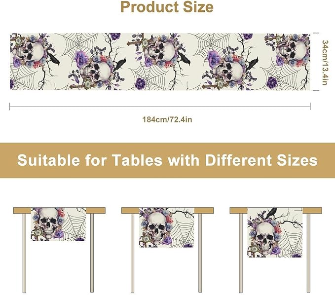 Gothic Floral Table Runner, Retro Dark Skull Spider Web Crow Flower Halloween Witchy Coffee Table Center Decor for Home Kitchen Dining Patio Holiday Party Table Decorations 13x90 inches