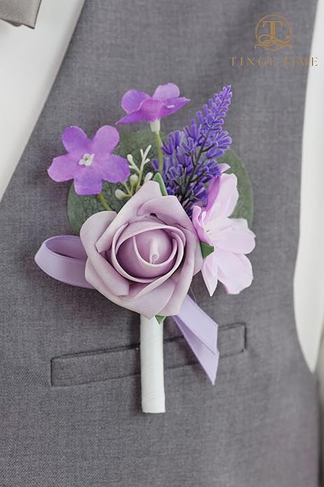 TINGE TIME Lavender Boutonniere for Men Wedding, Set of 2, Groom Groomsmen Boutineers Decor for Ceremony Anniversary, Formal Dinner Homecoming and Rustic Vintage Wedding
