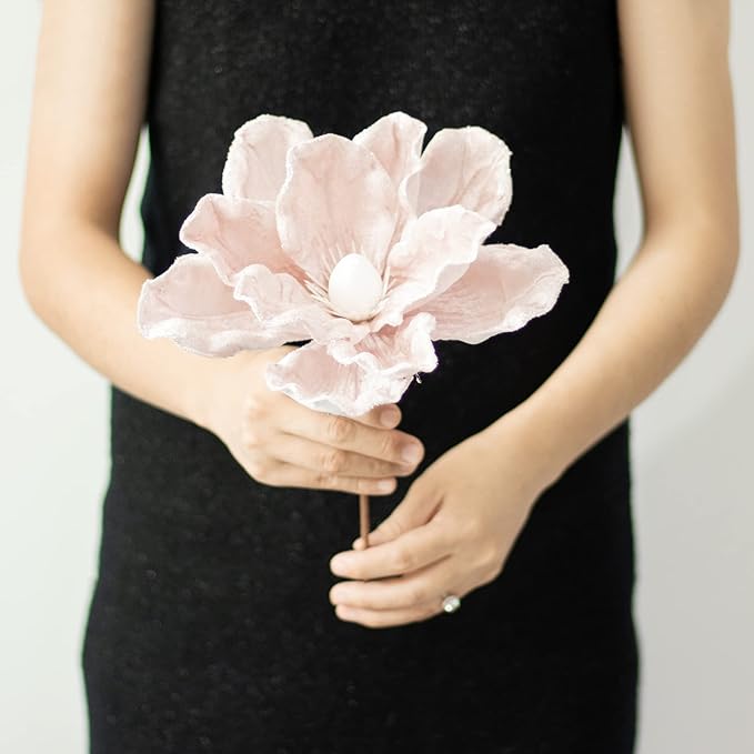 KI Store Pink Velvet Magnolia Flowers Pack of 6 Oversize Artificial Christmas Poinsettia Floral Picks Stems for Xmas Tree Wedding Centerpiece Decorations