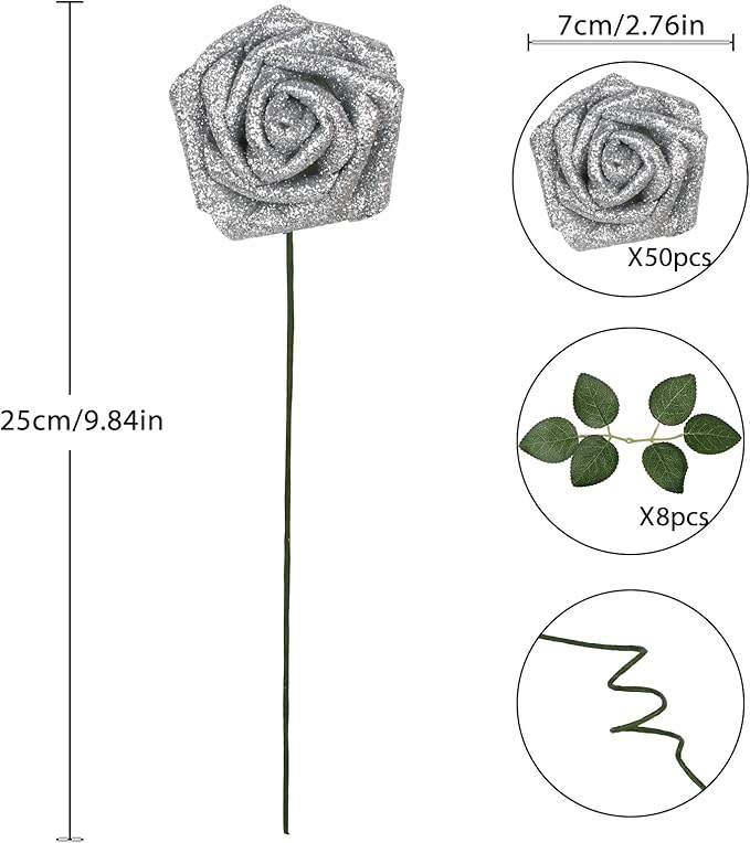Fake Roses,50PCS Silver Roses Artificial Flowers 2.76" Foam Roses with Stems for Wedding Christmas DIY Wreath Home Table Floral Arrangement(Silver)