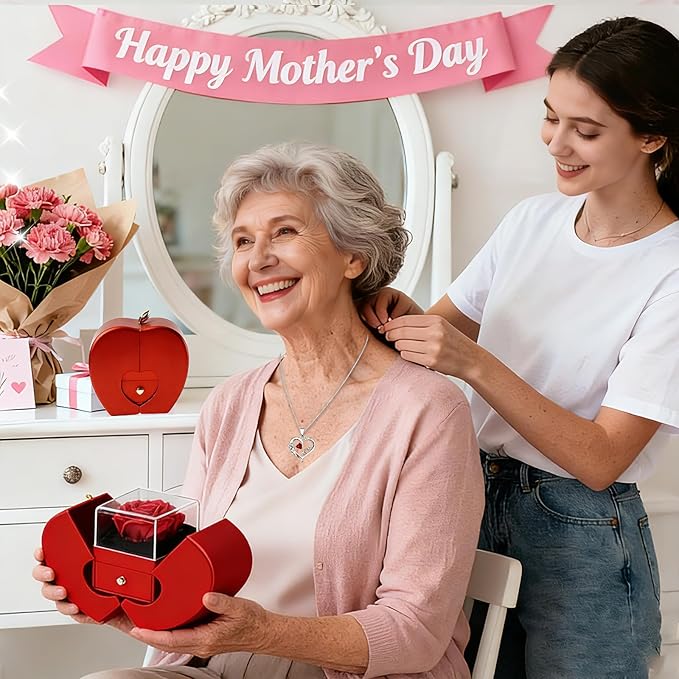 Preserved Rose Mother Gifts for Mom from Daughter Birthday Gift for Mum from Son Forever Red Roses with Mom Rose Heart Necklace for Grandma Mama Nana I Love You