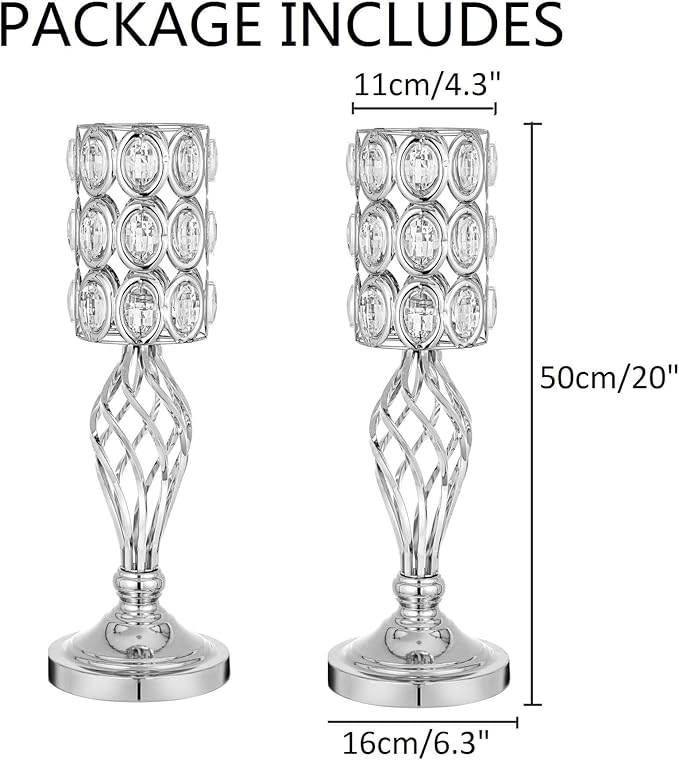 20in Metal Crystal Wedding Centerpiece Vases for Tables Set of 2, Silver Trumpet Flower Vase Stands for Wedding Party Reception Dining Room Living Room Décor