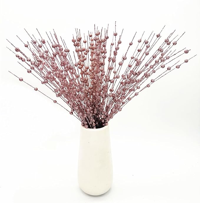 Artificial Glitter Berry Stem Decorations, Fake Bead Sticks Pick 17 Inch Stems for Halloween Christmas Ornaments Glittery Twigs Xmas Tree Wreath Vase Filler Home Decor - Champagne Pink 10 Pack