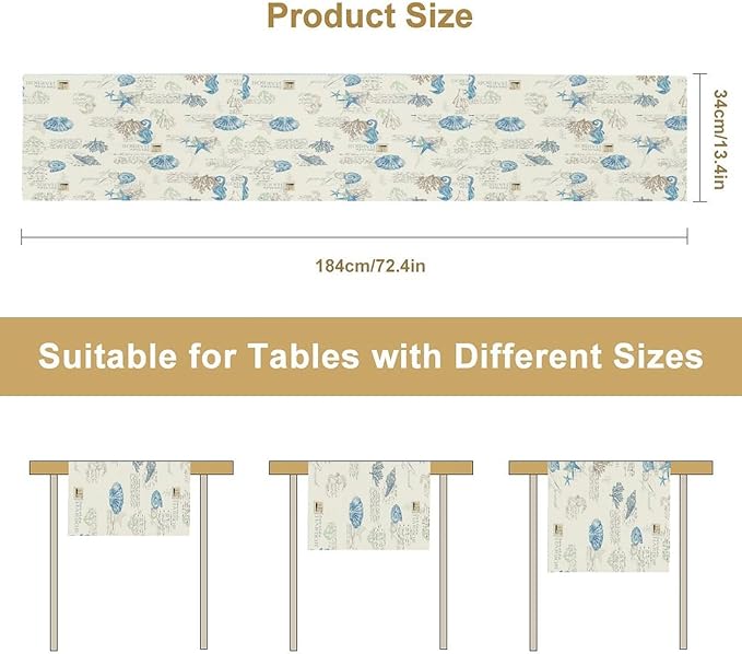 Starfish Table Runner,Vintage Nautical Seashell Tropical Beach Theme Coastal Ocean Sea Burlap for Hotel Indoors Outdoor Dining Room Kitchen Tablecloth, 13x80in