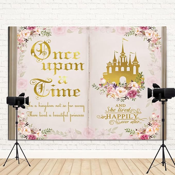 12x6ft Once Upon a Time Backdrop Pink Flower Gold Castle Photography Background Fairy Tale Books Floral Princess Girls Birthday Banner Decorations Fairytale Wedding Portrait Photo Booth Prop