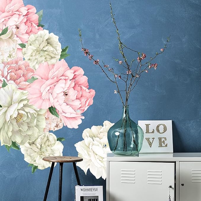 Large Pink and White Peony Wall Decals, Elegant Floral Stickers for Living Room Decor, Watercolor Vinyl Art for Bedroom, Master Bedroom & Home Decor