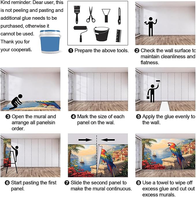 KIREUPA Macaw Parrot Wall Mural, Coastal Mediterranean Parrot 3d Wall Murals, Sunset Seaside Village Scene Wallpaper Mural, for Living Room Bedroom Large Wallpaper Indoor Decor 118" W x 82.6 "H