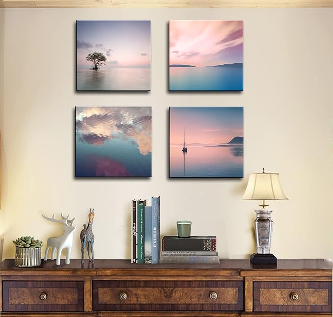 dgbtcart Romantic Sunset Beach Canvas Wall Art - Ocean Pictures Prints Colorful Seascape Painting Artwork for Bedroon Living Room, Bathroom - Office Kitchen Wall Decor 12"x 12" x 4 Panels
