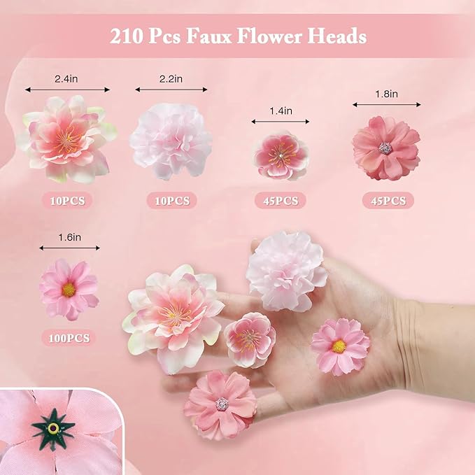 210Pcs Mini Fake Flower Heads Pink Small Silk Faux Flower Heads Artificial Rose Daisy Multicolor Flowers Bulk for Cake Crafts DIY Graduation Cap Wedding Hair Dresses Wreath Party Home Decor