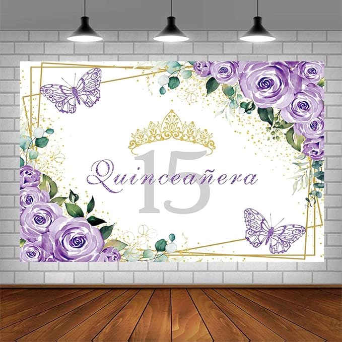 SENDY 8x6ft Quinceañera Backdrop Mis Quince 15 Anos Birthday Party Decoration Supplies for Girl Princess Purple Floral Butterfly Gold Crown Photography Background Banner Photo Booth Studio Props Vinyl
