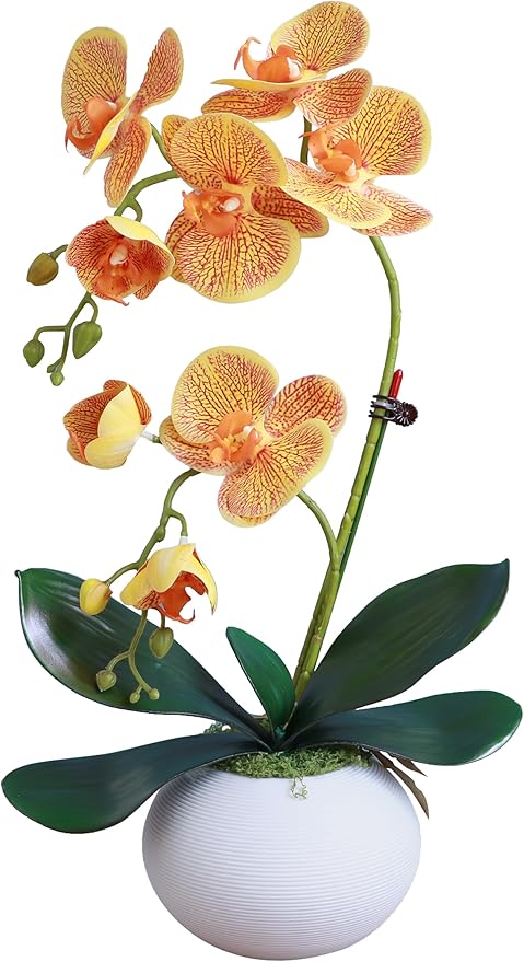 Forlaoers 17" Orange Artificial Orchids That Look Real with Pot Fake Orchid in Vase Artificial Flowers for Home Decor Indoor Office Table Centerpieces Bathroom Decoration