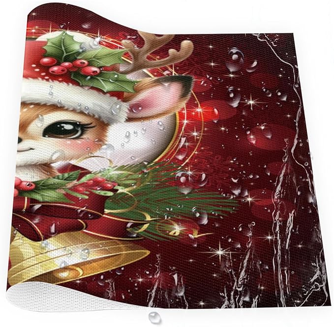 Christmas Xmas Bells Deer Placemats Set of 6 PVC Vinyl Non Slip Table Mats Heat Resistant Place Mats Washable Wipeable Dining Table Mat for Kitchen Decor Party Indoor Outdoor Decorative Gift