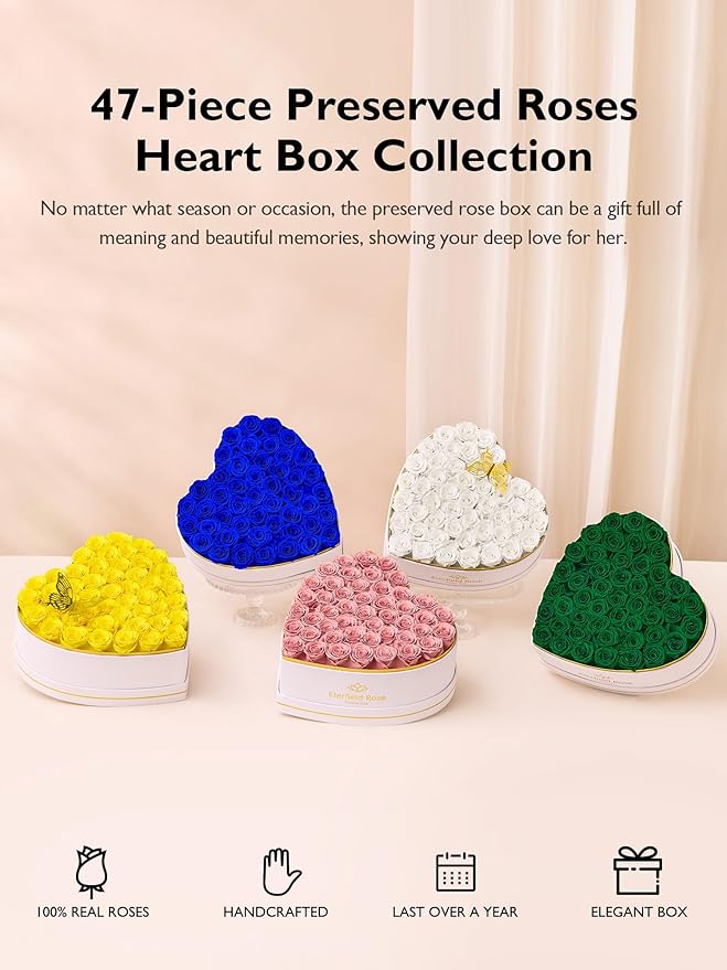 Eterfield 47 Forever Flowers in Heart Shape Box, Preserved Roses That Last a Year Preserved Flowers Birthday Gifts for Her Mom Women Wife Anniversary Valentines Day Mothers Day Christmas, Dusty Pink
