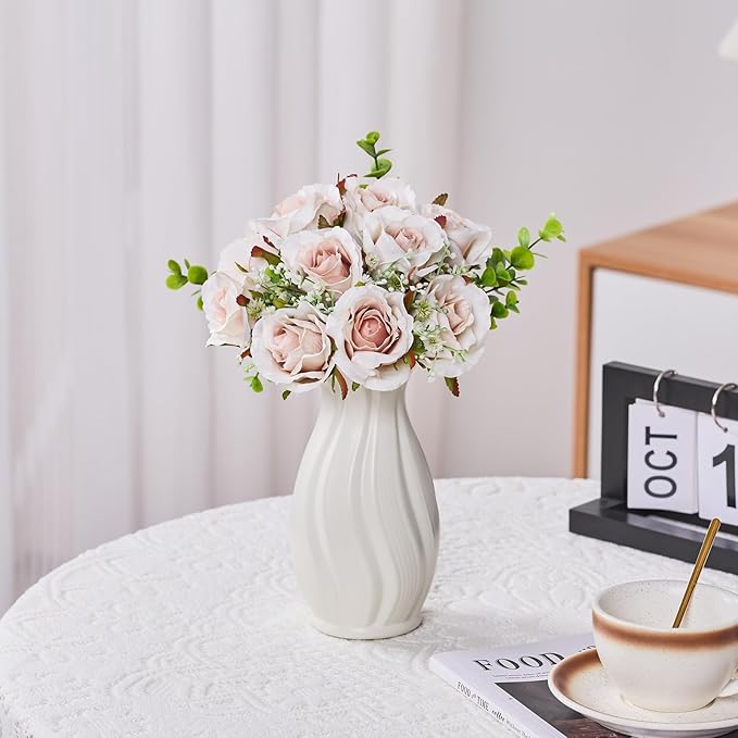 Pink Champagne Roses 10 in, Fake Flowers Wedding Bouquets for Bride, Wedding Silk Artificial Flowers 10pcs for Wedding Party, Ceremony, Anniversary & Home Decor (Come with 3 Styles of 4.5 ft Ribbons)