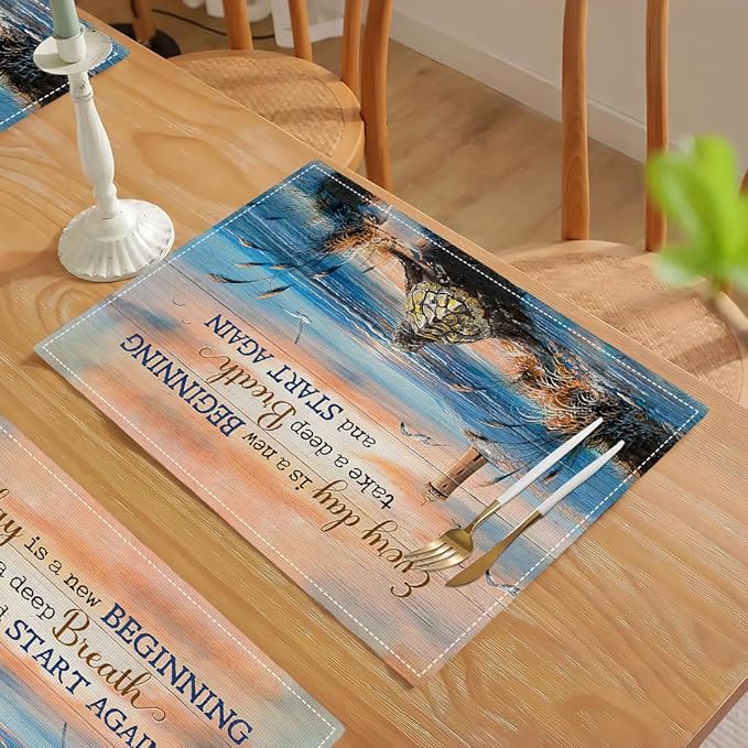 Sea Turtle Beach Summer Placemats Set of 4 Coastal Lighthouse Nautical Inspirational Quotes Double-Sided Table Mats for Dining Room Home Party Indoor 4 PCS 12x18 Inch