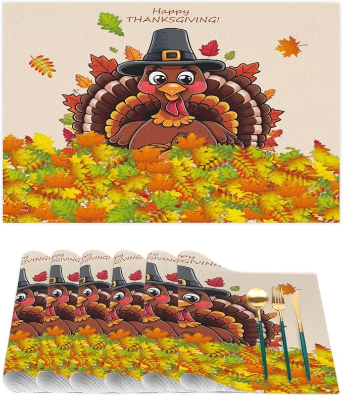 Thanksgiving Leaf Turkey Placemats Set of 1 PVC Vinyl Non Slip Table Mats Heat Resistant Place Mats Washable Wipeable Dining Table Mat for Kitchen Decor Party Indoor Outdoor Decorative Gift