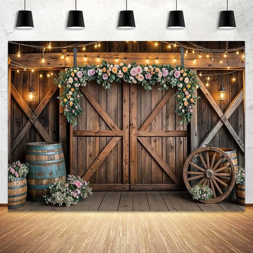 10x10ft Country Wedding Photography Backdrop Rustic Barn Door Photography Backdrop Farmhouse Pink Flower Cabin Wooden Birthday Baby Shower Wedding Bridal Party Banner Photo Booth Props Background