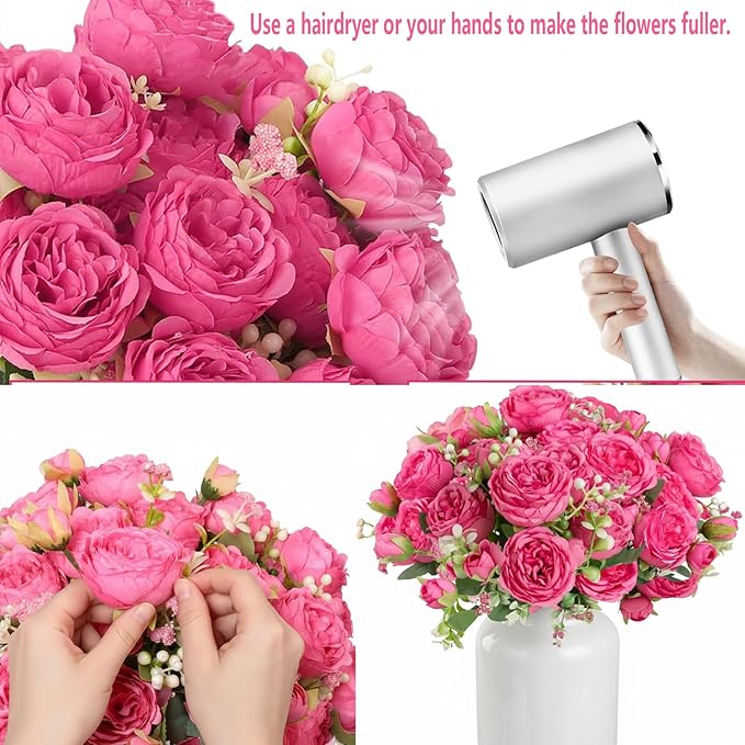Peonies Artificial Flowers 12 Bundles Pink Flowers Bouquet, Lifelike Silk Fake Peonies with Stems for Home Table Centerpieces, Wedding, Party & DIY Bridal Floral Arrangements (Rose red)