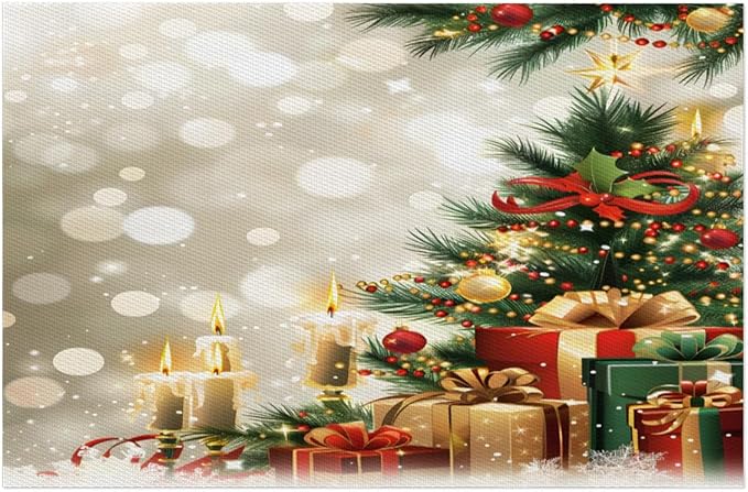 Xmas Christmas Tree Green Placemats Set of 6 PVC Vinyl Non Slip Table Mats Heat Resistant Place Mats Washable Wipeable Dining Table Mat for Kitchen Decor Party Indoor Outdoor Decorative Gift