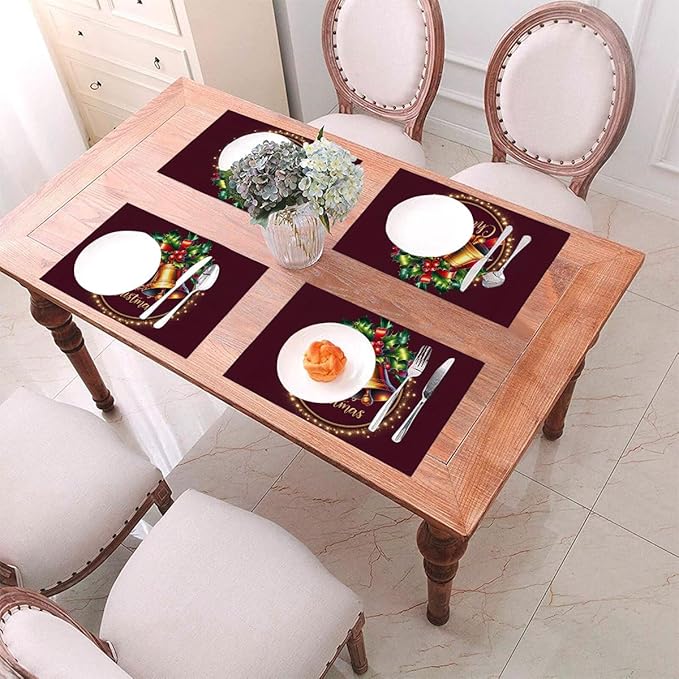 PVC Placemats Set of 4 Wipeable Table Mats Washable Heat Resistant Non Slip Vinyl Dining Table Mat for Kitchen Indoor Outdoor Patio Farmhouse Place Mats Christmas Bell Red Decorative