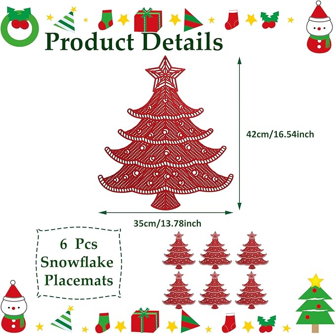 Lot of 6 Christmas Placemats, Placemats Decorations Table Mats Hollow Out Vinyl Place Mats for Dining Table Setting Kitchen Table Mats Christmas Decoration (Red Christmas Tree)