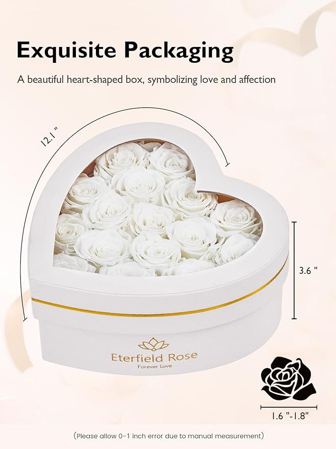Eterfield 16 Forever Flowers in Heart Shape Box, Preserved Roses That Last a Year Preserved Flowers Birthday Gifts for Her Mom Women Wife Anniversary Valentines Day Mothers Day Christmas, White