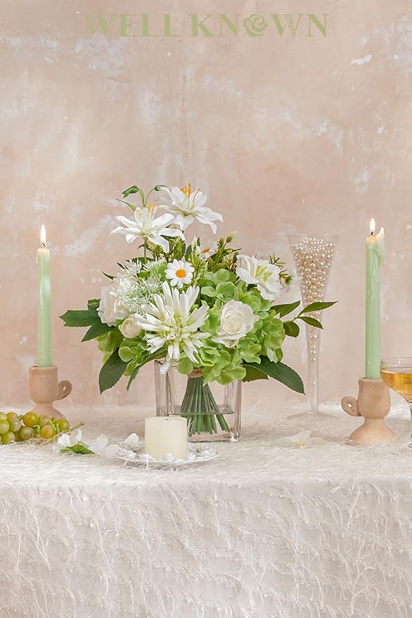 Artificial Flowers in Vase with Fake Water, 12.5" Realistic Silk Rose Peony Lily Faux Floral Arrangements with Glass Vase for Office Home Dinning Table Birthday Party Wedding Decor - White & Green