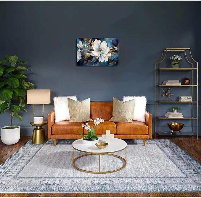 Asunygirl Flowers Wall Art Vintage Blue White Floral Canvas Pictures Abstract Botanical Modern Gold Blue Print Boho Wall Art Canvas Paintings Artwork for Bedroom Living Room Wall Decor 12x16 inch
