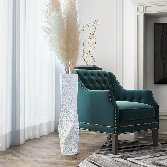 Tall Vases On Floor, 23.62" Twisted Geometric Flower Vase for Home, Living Room, Flower Centerpieces, Shelf, Table, Decor, White Crackle Vase