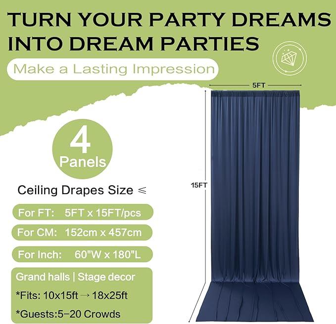PartyVillage 20ft×15ft Navy Blue Backdrop Curtain for Wedding Parties, 4 Panels Wrinkle Free 15 FT Long Polyester Photo Backdrop Drapes Back Drop Cloth for Birthday Photography Background
